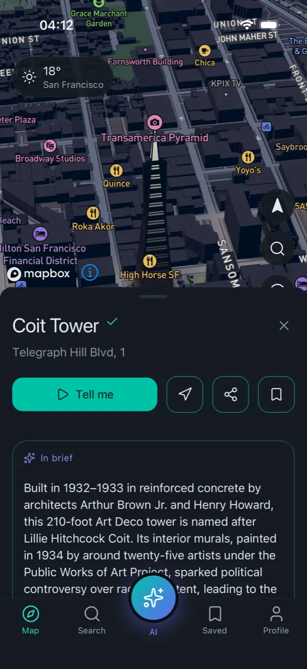 The AWG app: a place card for Coit Tower over the map.